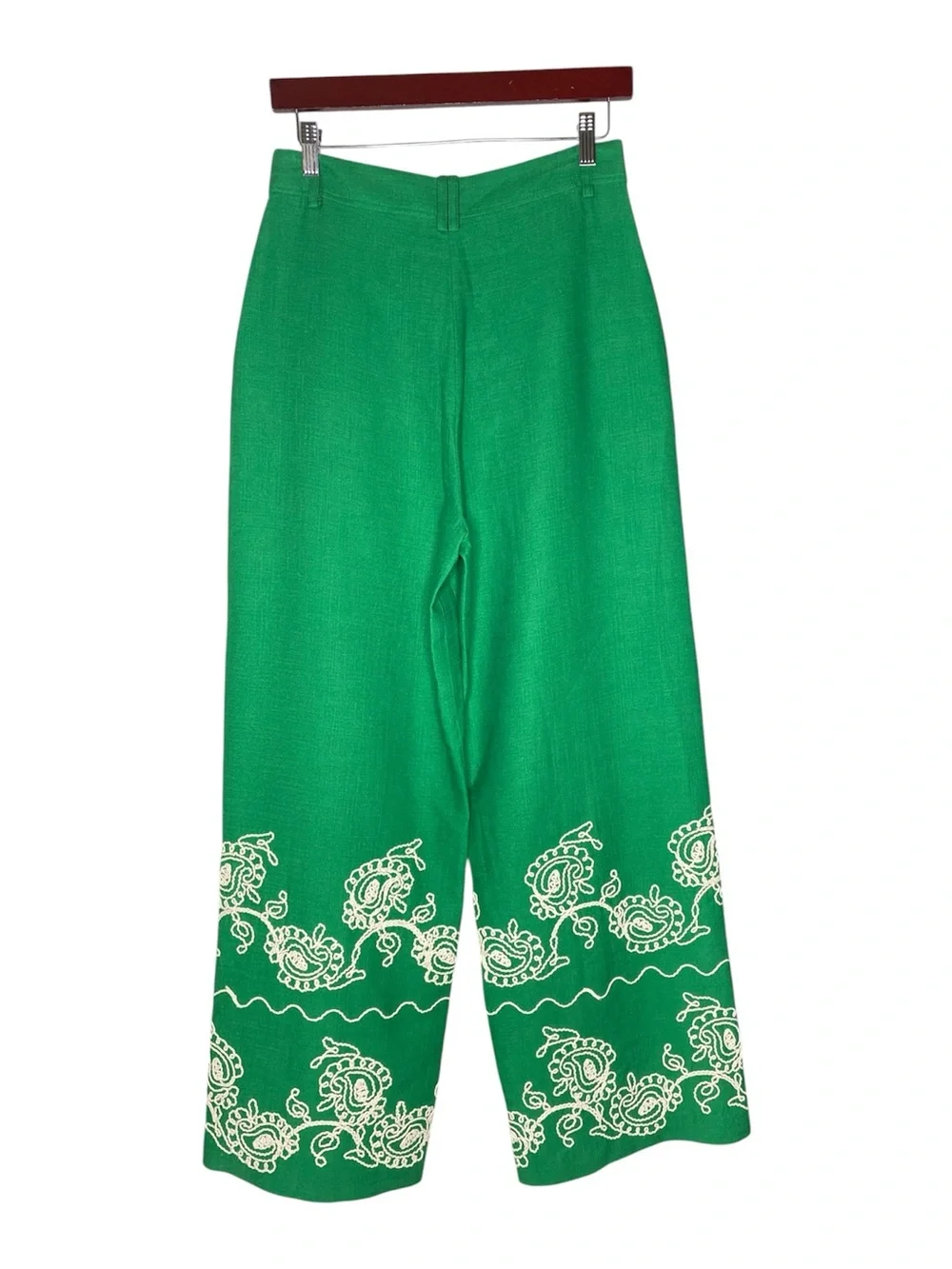 NWT! Zara Emerald Green Embroidered Wide Leg Linen Blend Trousers Pants - Size S